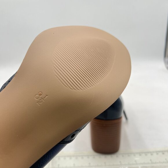 FOWT Midnight Blue Perforated Lace-Up Oxfords Almond Toe Mid Chunky Heel Shoes - Picture 6 of 8